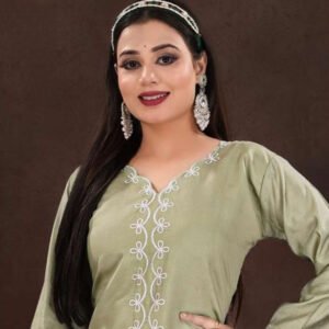 Pista Green Embroidered Set with Signature Bottom Detail