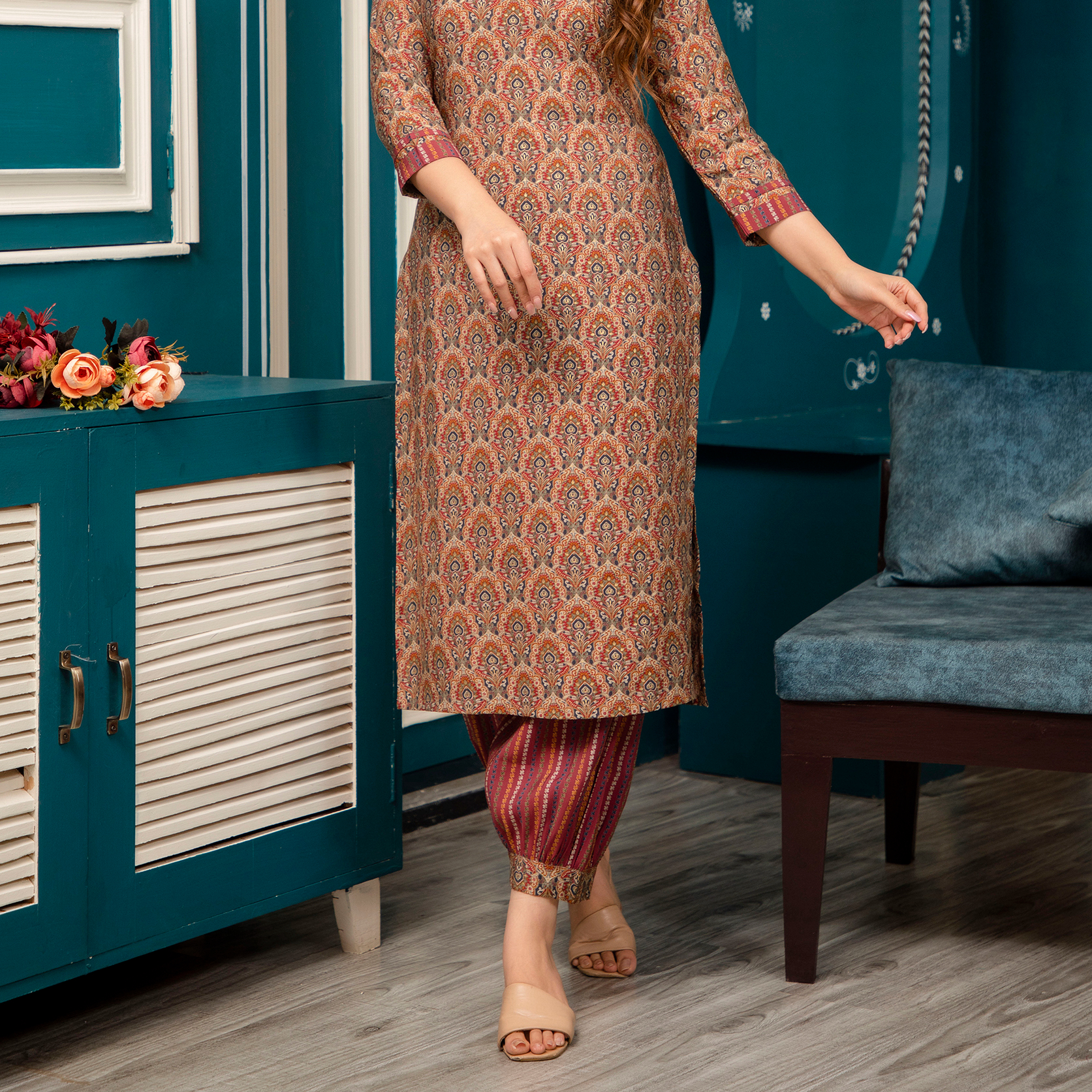 Red Printed Muslin Set with Afghani Pants - Image 3