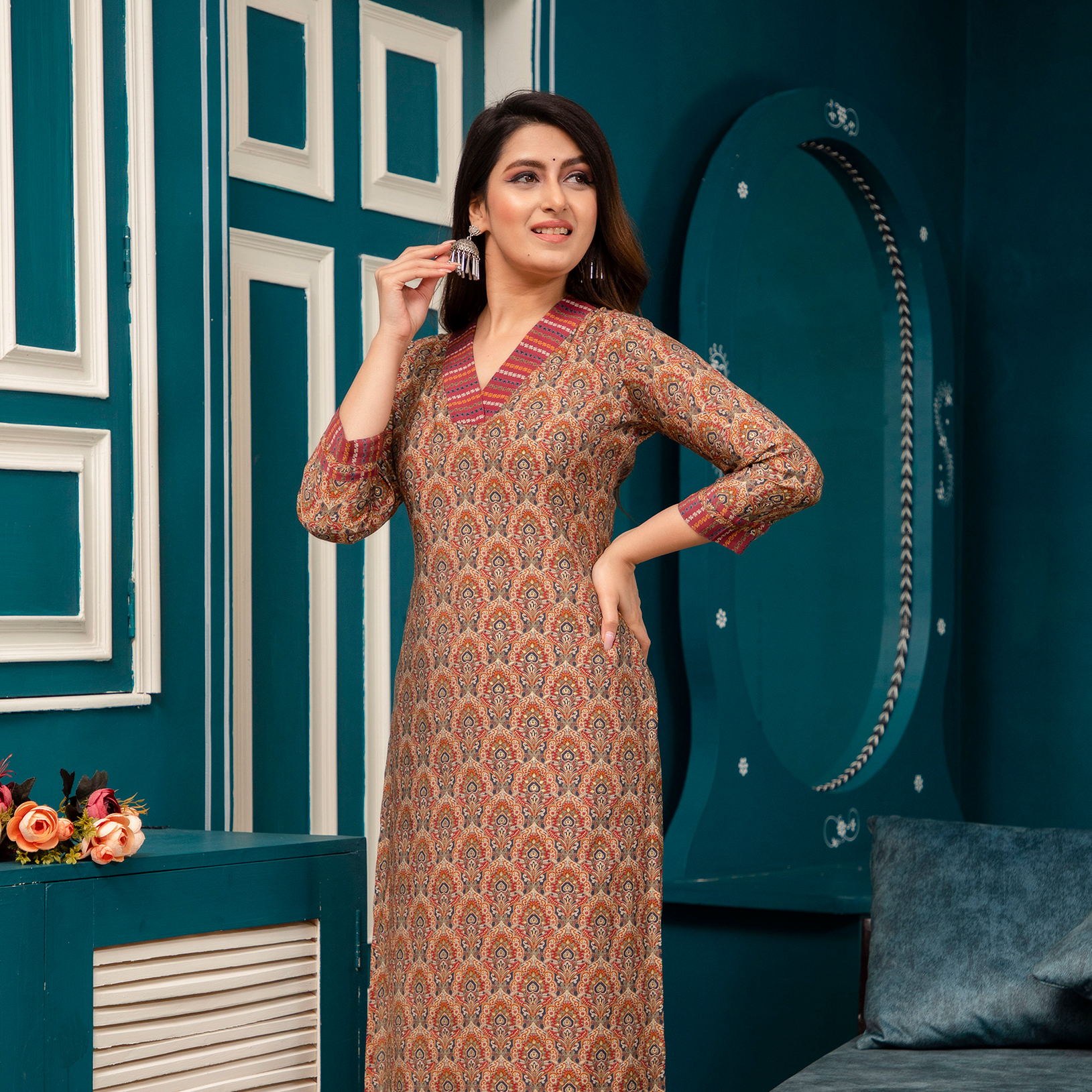 Red Printed Muslin Set with Afghani Pants - Image 5