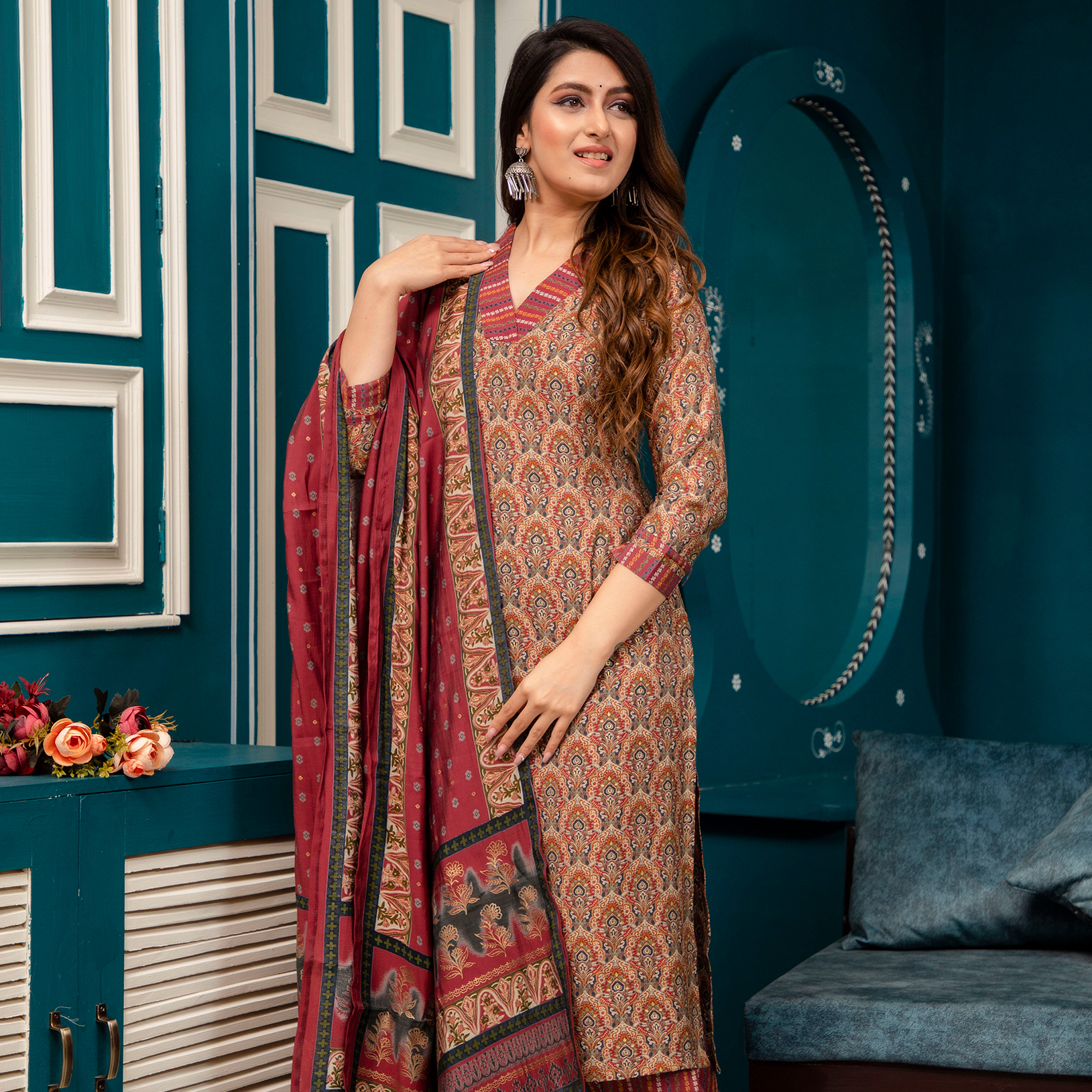 Red Printed Muslin Set with Afghani Pants - Image 4