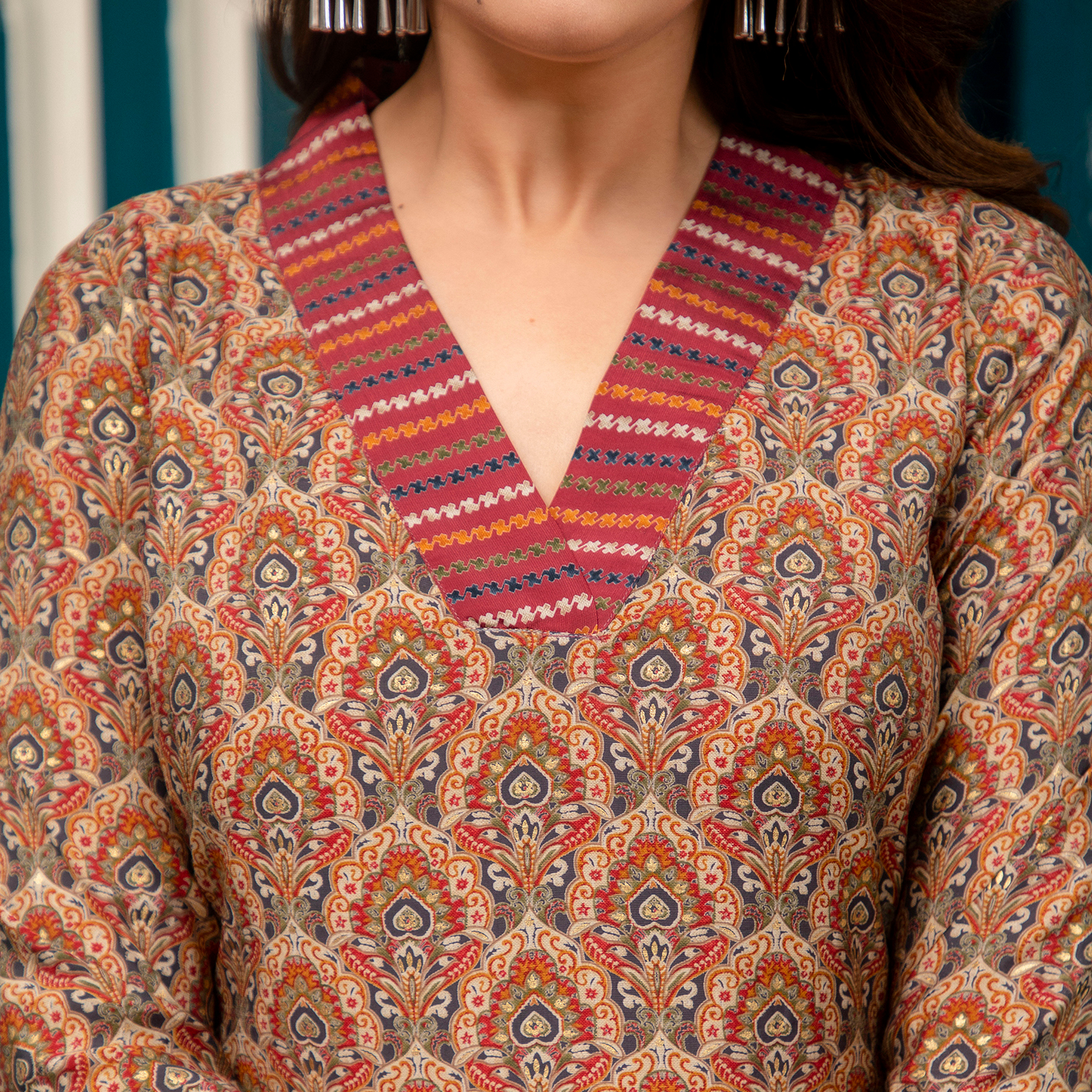 Red Printed Muslin Set with Afghani Pants - Image 6