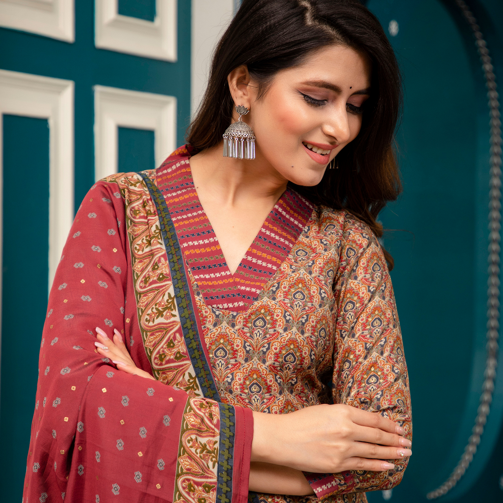 Red Printed Muslin Set with Afghani Pants - Image 7