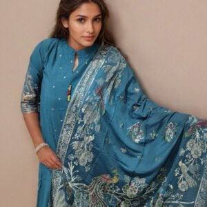Royal Blue Roman Silk Set with Peacock Print Dupatta