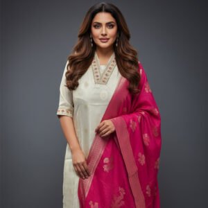 Cream Banarasi Silk Set with Royal Red Dupatta