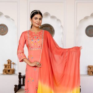 Peach Satin Embroidered Set with Tie-Dye Dupatta