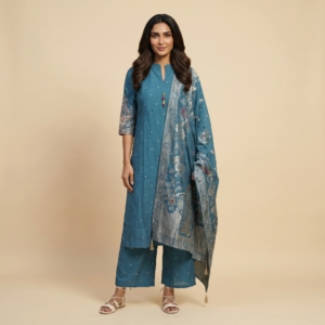 Royal Blue Roman Silk Set with Peacock Print Dupatta