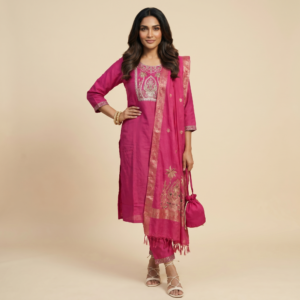 Rose Pink Roman Silk Set with Artisan Embroidery