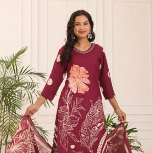 Dark Pink Floral Rayon Set with Delicate Embroidery