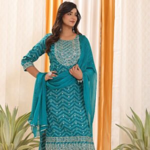 Serene Blue Rayon Set with Intricate Embroidery