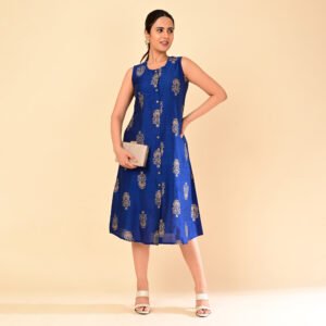 Royal Blue Silk Gold-Printed A-Line Dress
