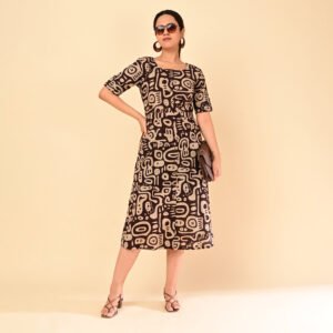Espresso Brown Cotton Flex Printed Midi Dress