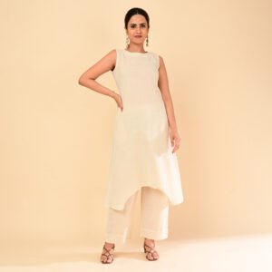 Cream Cotton Flex Sleeveless Co-ord Set with Asymmetric High-Low Top