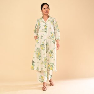 Off-White Cotton Flex Printed Co-ord Set with Collared Long Top