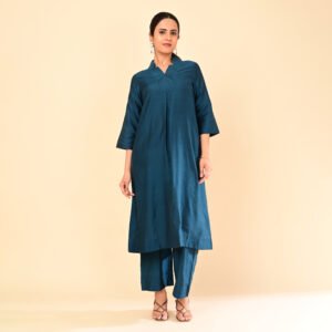 Deep Teal Blue Silk Kurti Set with Center Pleat