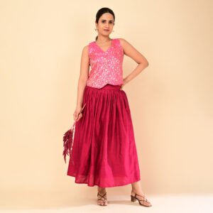Rani Pink Brocade V-Neck Top with Dark Pink Silk Skirt Set