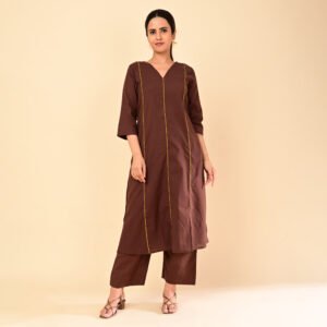 Espresso Brown Cotton Flex A-Line Kurti Set with Contrast Piping