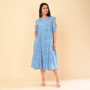 Light Blue Cotton Pleated Midi Dress with Floral Print