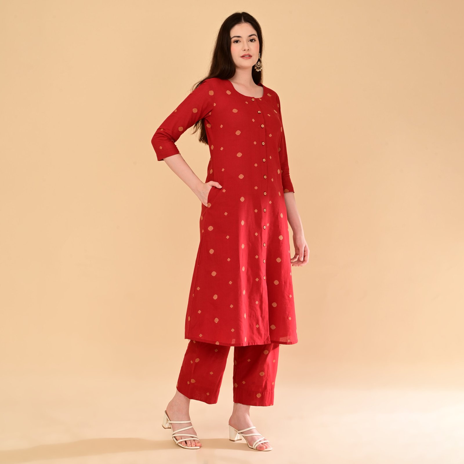 Crimson Red Handloom Kurti Set with Butta Motifs - Image 6