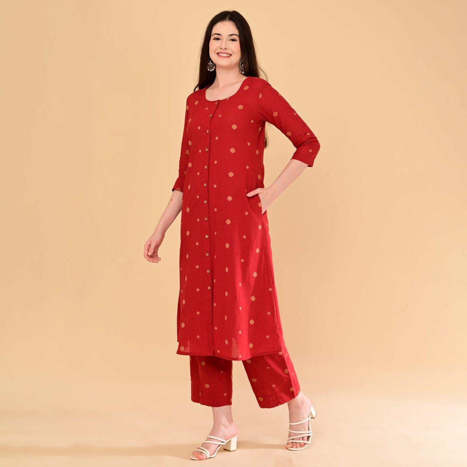 Crimson Red Handloom Kurti Set with Butta Motifs - Image 7