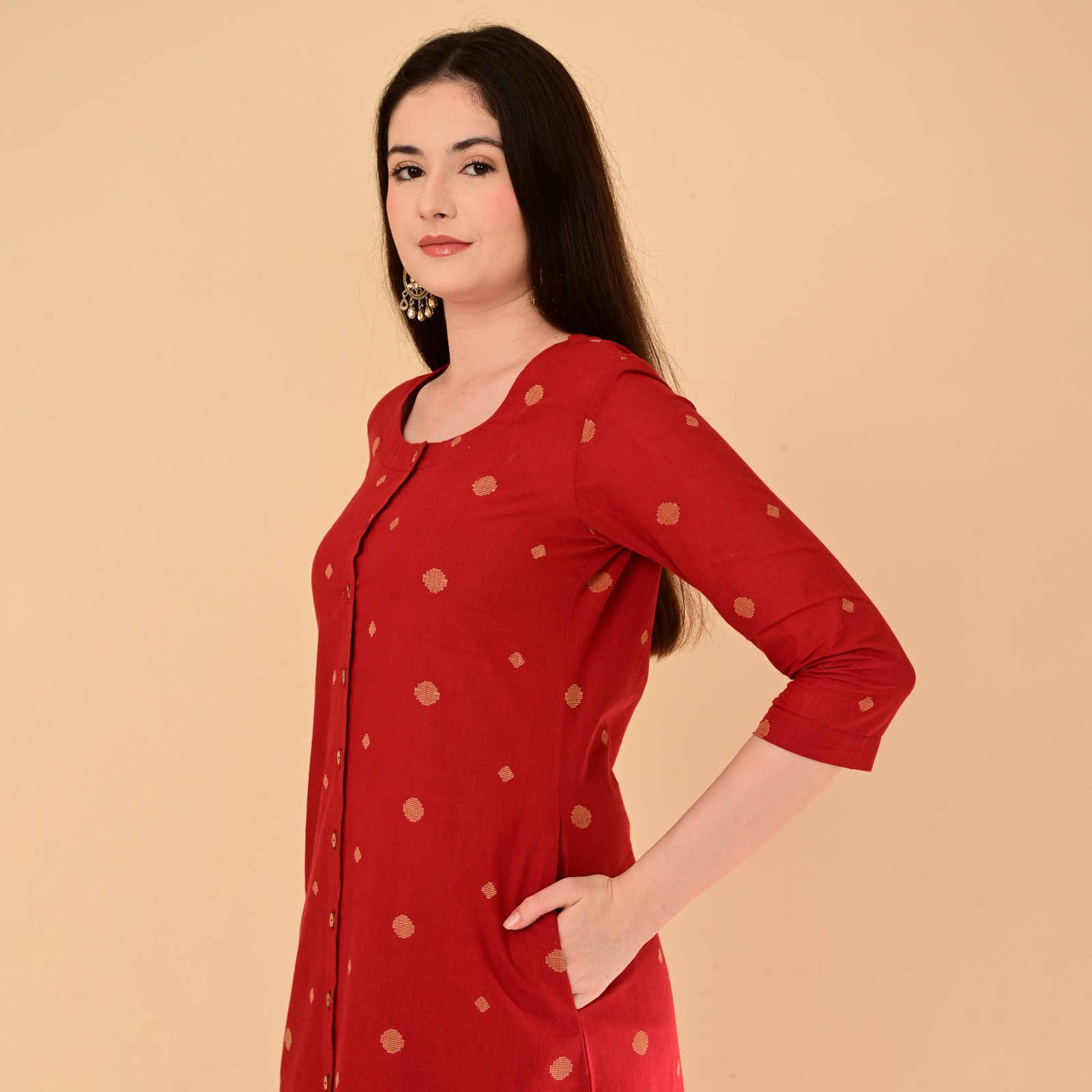 Crimson Red Handloom Kurti Set with Butta Motifs - Image 9
