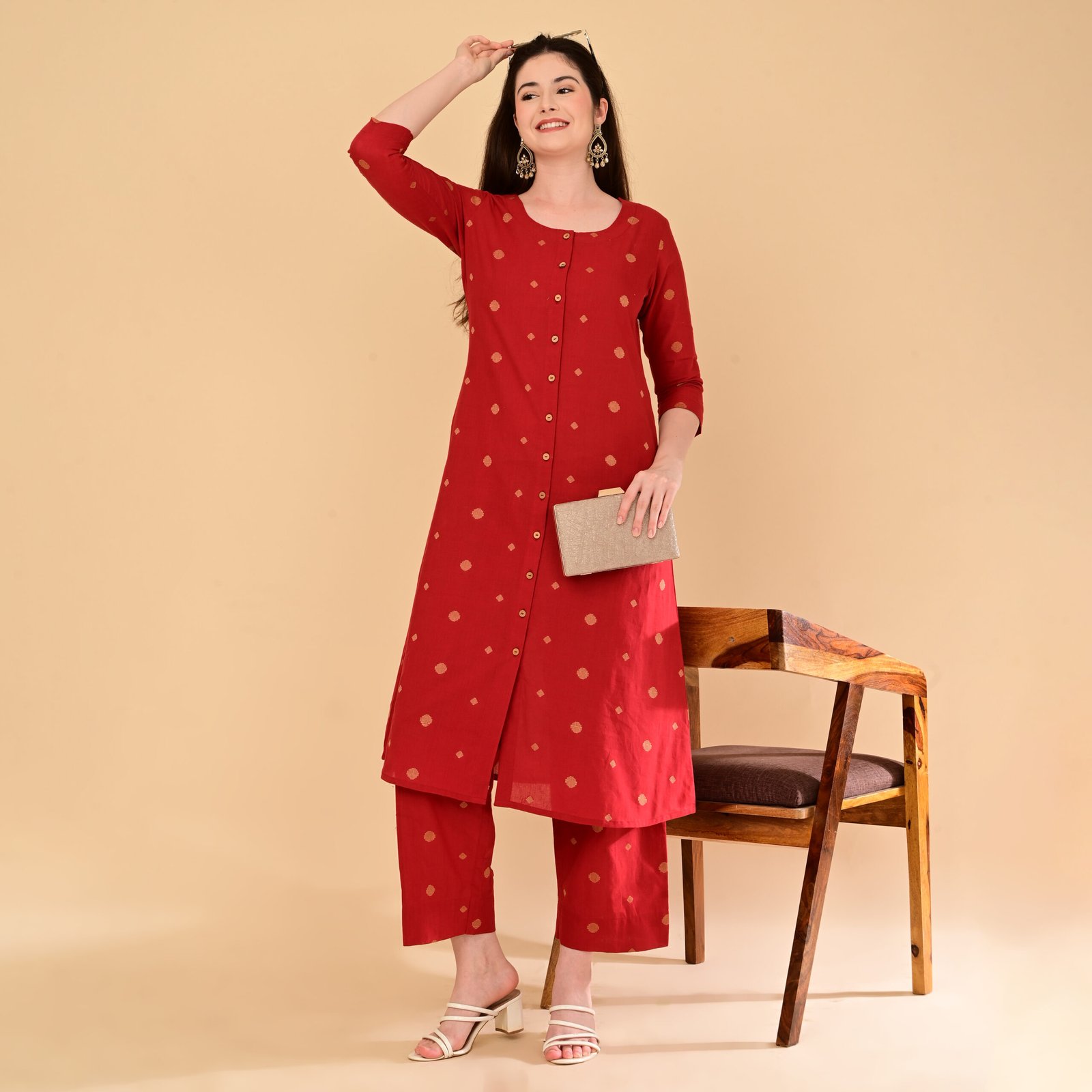 Crimson Red Handloom Kurti Set with Butta Motifs - Image 10