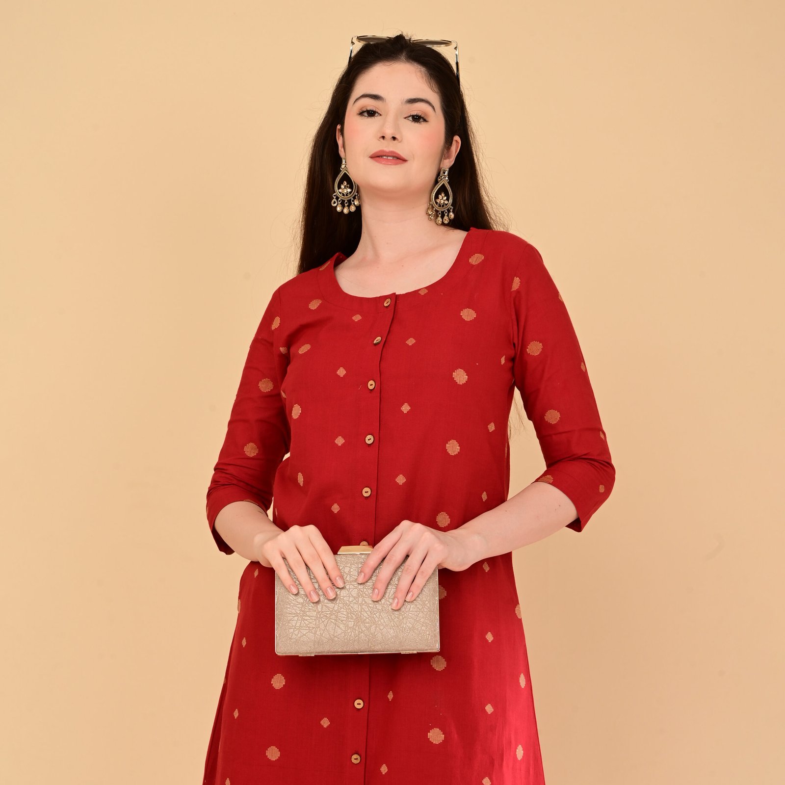 Crimson Red Handloom Kurti Set with Butta Motifs - Image 11