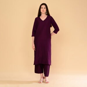 Deep Wine Purple Silk Kurti Set with V-Neck