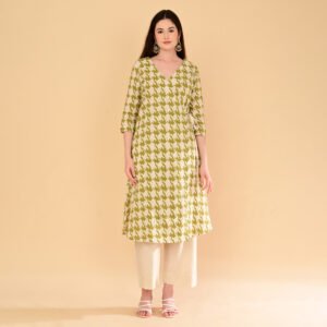 Olive Green Cotton Flex Angrakha Kurti Set with Waist Tie