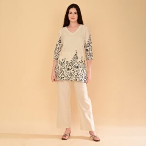 Cream Cotton Flex Co-ord Set with Botanical Border Print