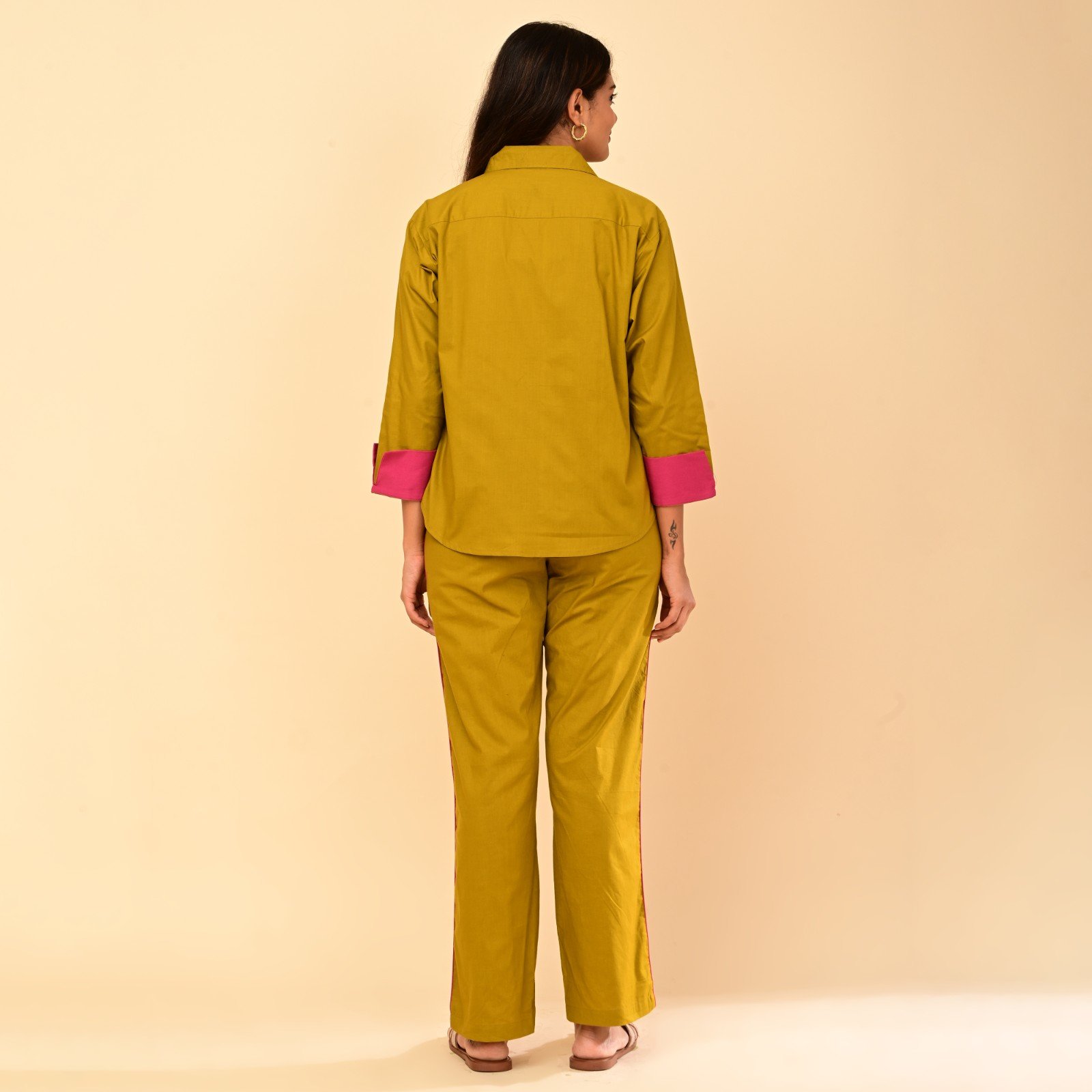 Olive Green & Hot Pink Contrast Cotton Shirt Co-ord Set - Image 3