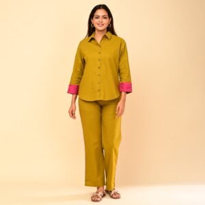 Olive Green & Hot Pink Contrast Cotton Shirt Co-ord Set