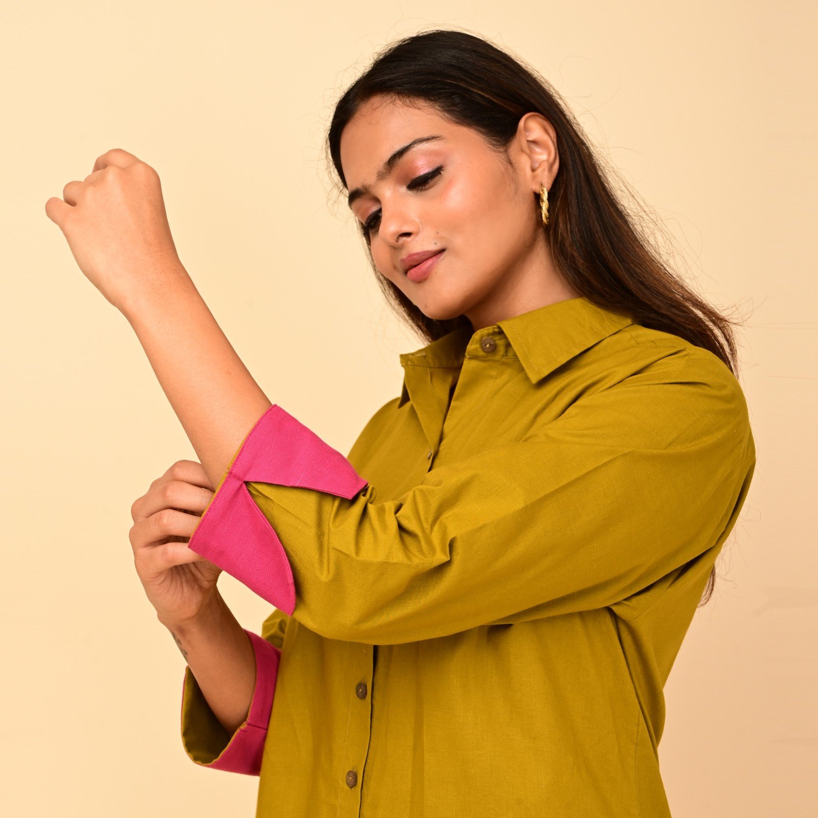 Olive Green & Hot Pink Contrast Cotton Shirt Co-ord Set - Image 5