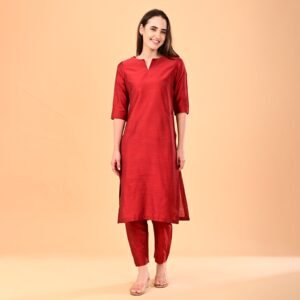 Crimson Red Silk Straight Kurti Set with V-Notch Neck