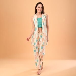 Teal & Off-White Abstract Printed 3-Piece Shrug Co-ord Set