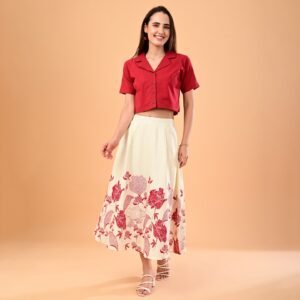 Crimson Shirt & Cream Floral Skirt Co-ord Set