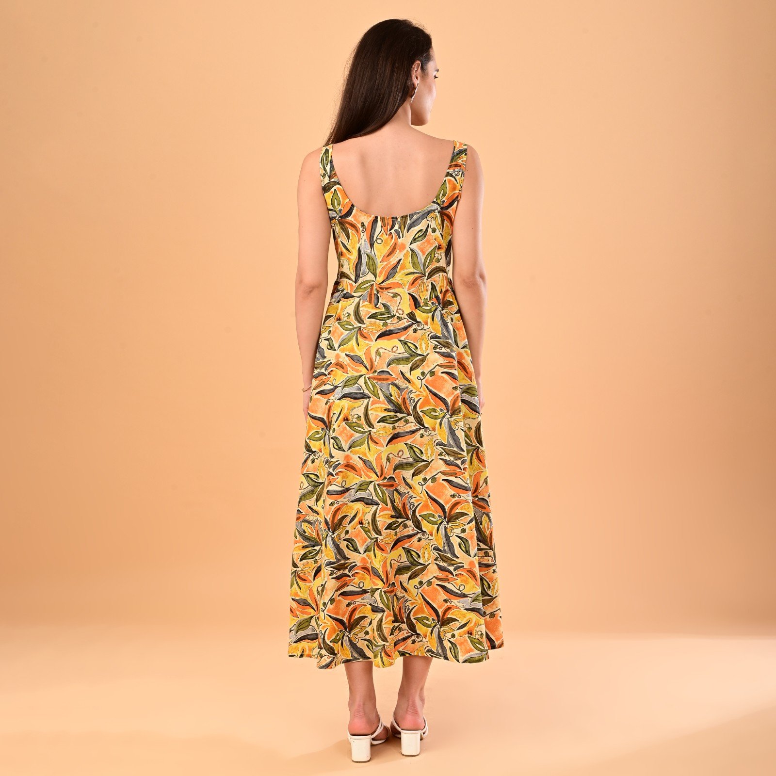 Yellow Botanical Leaf Printed Sleeveless Cotton Maxi Dress - Image 6