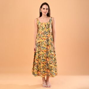 Yellow Botanical Leaf Printed Sleeveless Cotton Maxi Dress
