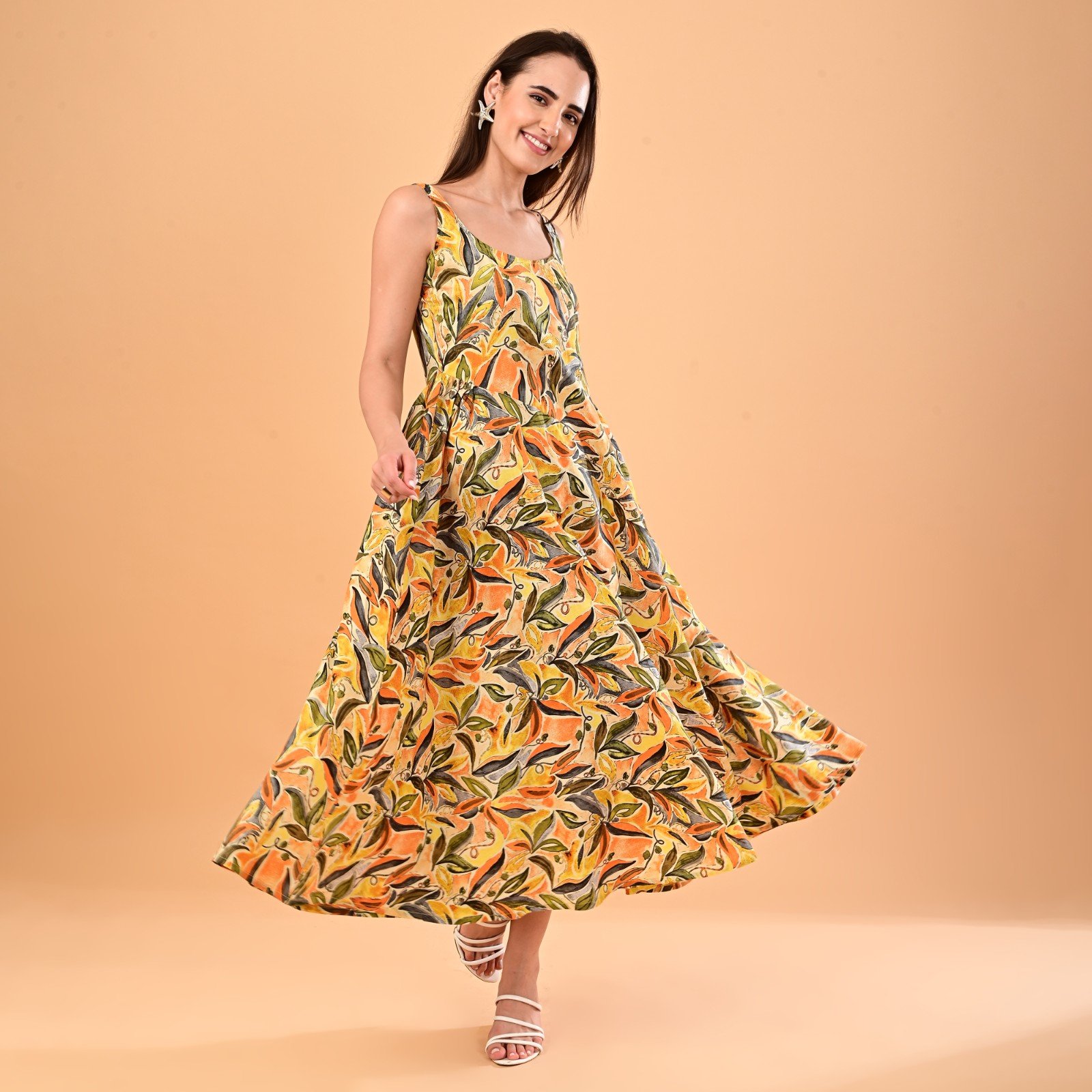 Yellow Botanical Leaf Printed Sleeveless Cotton Maxi Dress - Image 5