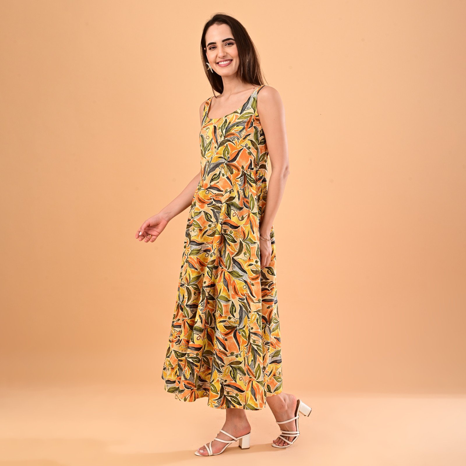 Yellow Botanical Leaf Printed Sleeveless Cotton Maxi Dress - Image 4