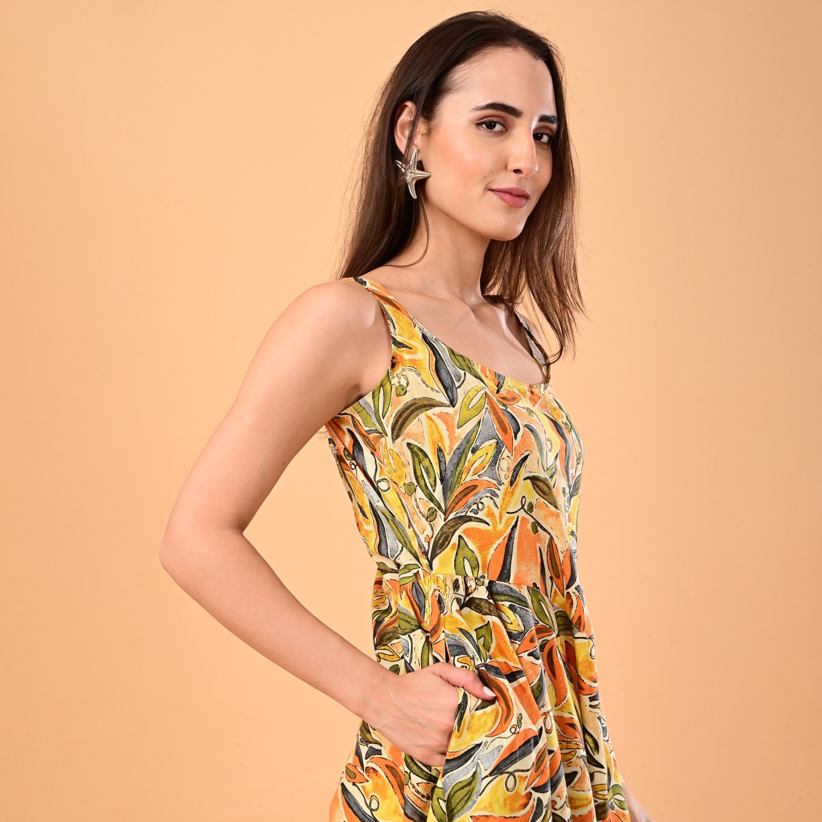 Yellow Botanical Leaf Printed Sleeveless Cotton Maxi Dress - Image 7