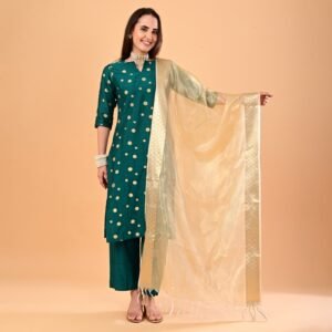 Emerald Green & Gold Polka Chanderi Silk 3-Piece Festive Set