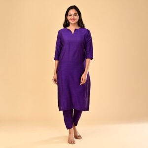 Light Purple (Lavender) Silk Straight Kurti Set with V-Notch Neck