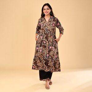 Brown & Pink Batik Floral Cotton Flared Kurti Set