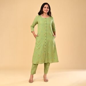Light Green Handloom Cotton Kurti Set with Red & Blue Motifs