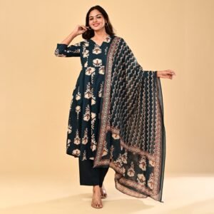 Dark Teal Green Cotton Printed 3-Piece Convertible Flared Set